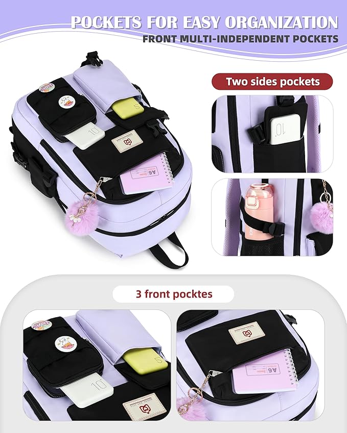 Hidds Laptop Backpacks 15.6 Inch School Bag Elementary Middle High College Backpack Cute Bookbags Anti Theft Travel Back Pack Casual Daypack Kids Book Bag for Teens Girls Women Students-Purple Black