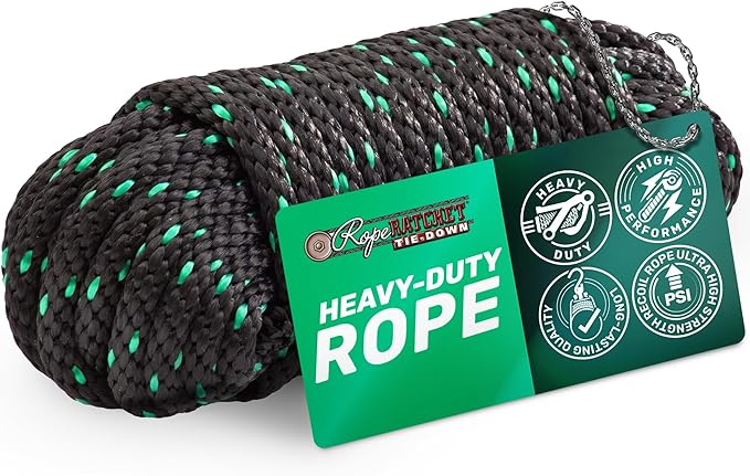 Rope Ratchet 1/2" 50 ft Braided Polypropylene Utility Cord, Weather Resistant Indoor Outdoor for Gardening, DIY Projects, Securing Loads, Binding, Knot Tying, Tarp Use, 500 lb Capacity - Black/Green