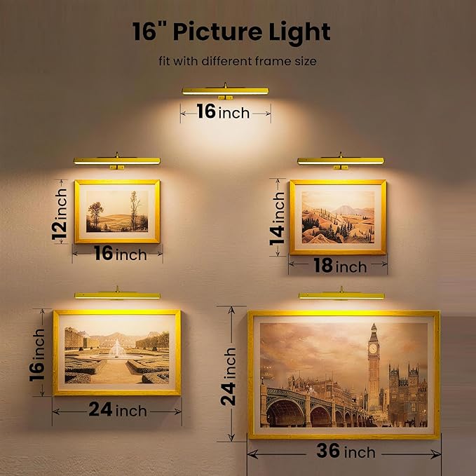 Lights for Pictures on Wall, 16in Battery Operated Picture Lights for Paintings, 5000mAh Wall Lights with Remote and 3 Light Modes,Art Light for Wall Painting,Frame, Portrait, Dartboard - Gold
