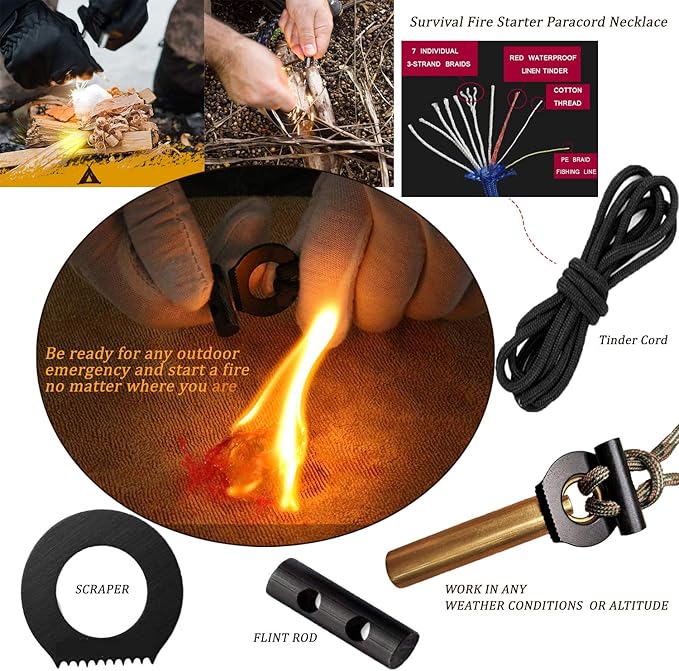 BSGB Fire Starter Paracord Necklace EDC Military Survival Gear Tinder Cord Fire Steel and Striker Kit Magnesium Ferro Rod Tool Fishing Tools for Emergency Outdoor Hiking Camping Hunting