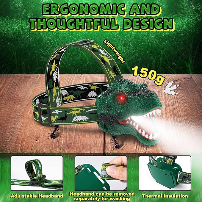 Nitigo Dinosaur Headlamp for Kids Flashlight Rechargeable Led Dino Head Lamp Roar & Silent Mode, T-Rex Dinosaur Toys for Kids 3 4 5 6 7 8, Camping Gear, Easter Gifts for Boys Girls Adults