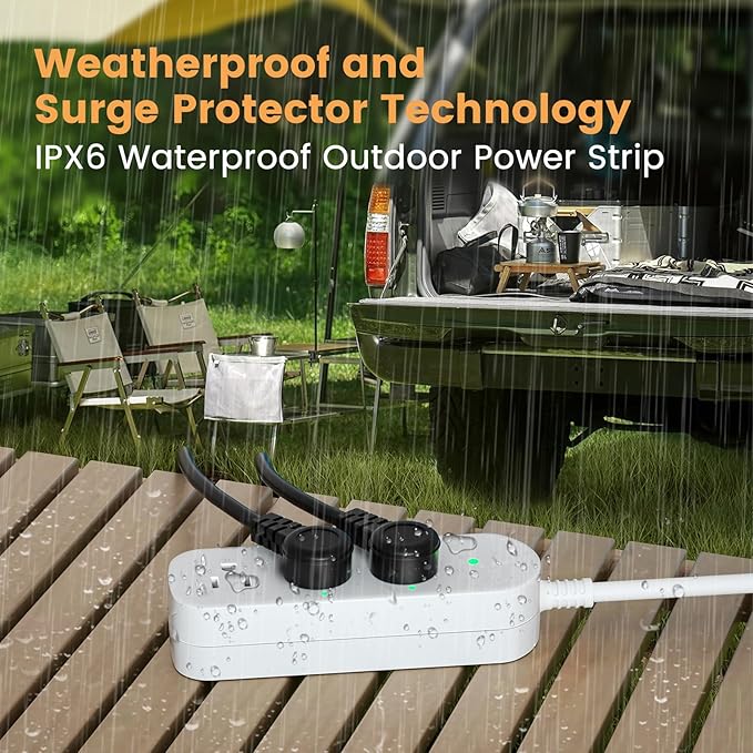 Outdoor Power Strip Weatherproof 3 FT Extension Cord Waterproof Surge Protector Power Strip, 3 AC Outlets, 1625W Overload Protection, for Camping, Home, Office, Garden, FCC UL Listed