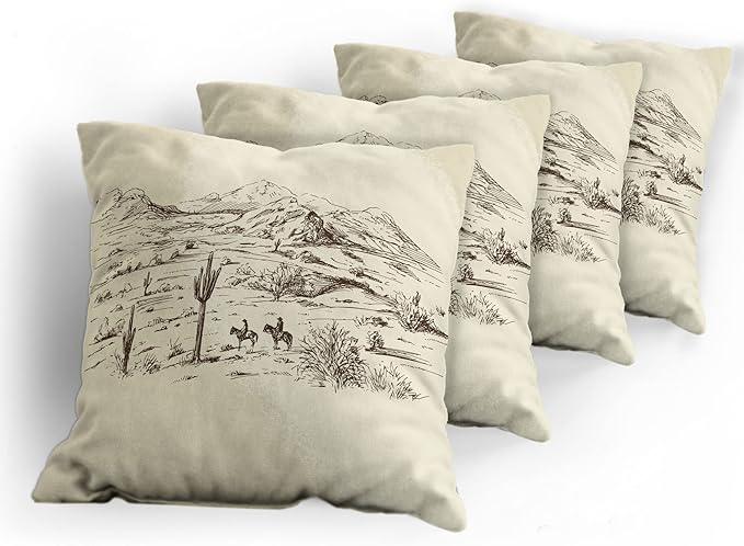 Ambesonne Western Decorative Throw Pillow Case Pack of 4, Wild West Landscape Illustration Mountains Desert Plants Cowboys on Horses, Cushion Cover for Couch Living Room Car, 20", Beige Black