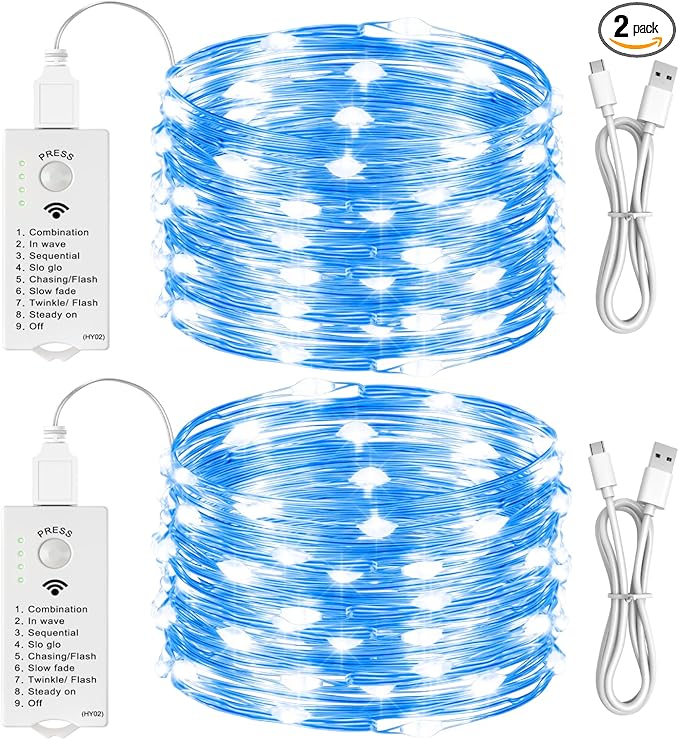 HXWEIYE Rechargeable Fairy Lights Battery Operated, DIY Timer & 8 Modes, 2 Pack 16FT 50LED Twinkle String Lights Indoor, Led mini Lights for Bedroom Wedding Dorm Christmas Tree Decor (Blue)
