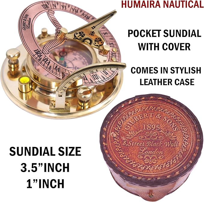 Humaira Nautical Vintage Brass Sundial Compass with Copper Dial & Leather Box Handmade Sun Clock Maritime Navigation Compass Gift