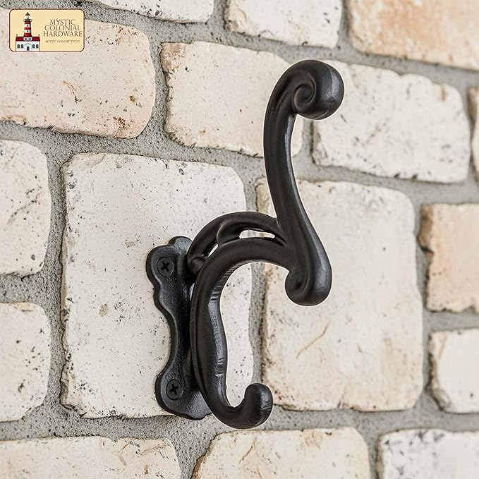 Mystic Colonial Rustic Cast Iron Wall Hooks Heavy Duty Vintage Utility Hooks for Hanging Coat, Bag, Towel, Robe, Hat & More Decorative Wall Mount Hanger, Pack of 2, Black