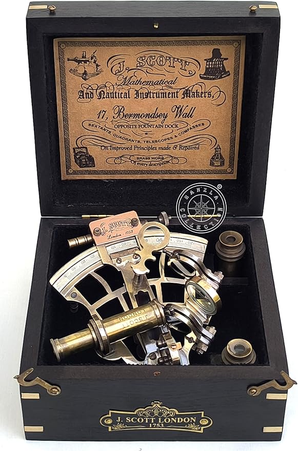J. Scott London Brass Ship Sextant with Hardwood Box – Vintage Nautical Marine Navigation Instrument, Collectible Maritime Decor Handmade Gift for Father's Day, Baptism, Partner, Best Men, Graduation