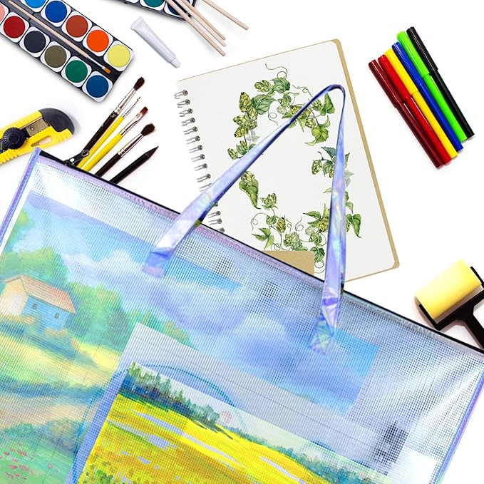 BUSOHA Large Clear Mesh Vinyl Bag with Handle and Zipper,19"X 25" Waterproof Art Storage Bag for Artworks, Charts and Teaching Material Multipurpose