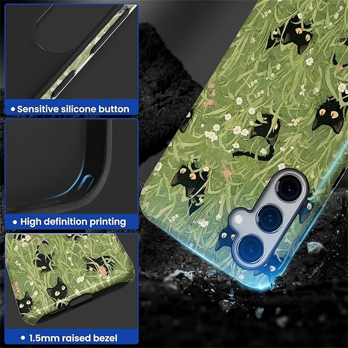 for Samsung Galaxy S24 Plus Case,HL2 Grass Cat Hybrid 2 Layer Hard Shell Silicone Protective Pattern Design Case