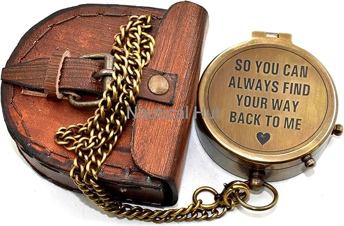 So You Can Always Find Your Way Back Home Engraved Brass Compass with Leather Case & Chain, Vintage Pocket Compass Gift for Men, Husband, Son, Graduation, Hiking, Anniversary, Navigation Compass