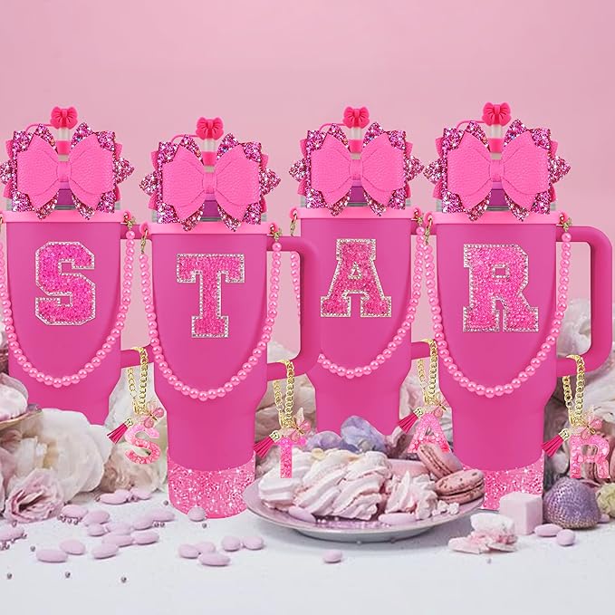 9PCS Hot Pink for Stanley Cup Accessories Set Bling Initials Bow Charms for Stanley Decorations 30/40 Oz Tumbler Accessories Including Bow Straw Topper, Handle Strap, Spill Stopper（Letter C）