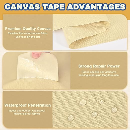 Canvas Repair Tape, 16 x 63 Inch Waterproof Heavy Duty Fabric Tape for Furniture, Self Adhesive Canvas Repair Patches for Boat Covers, Sofas, Tents, Louge Chairs, Canopy, Awning Khaki