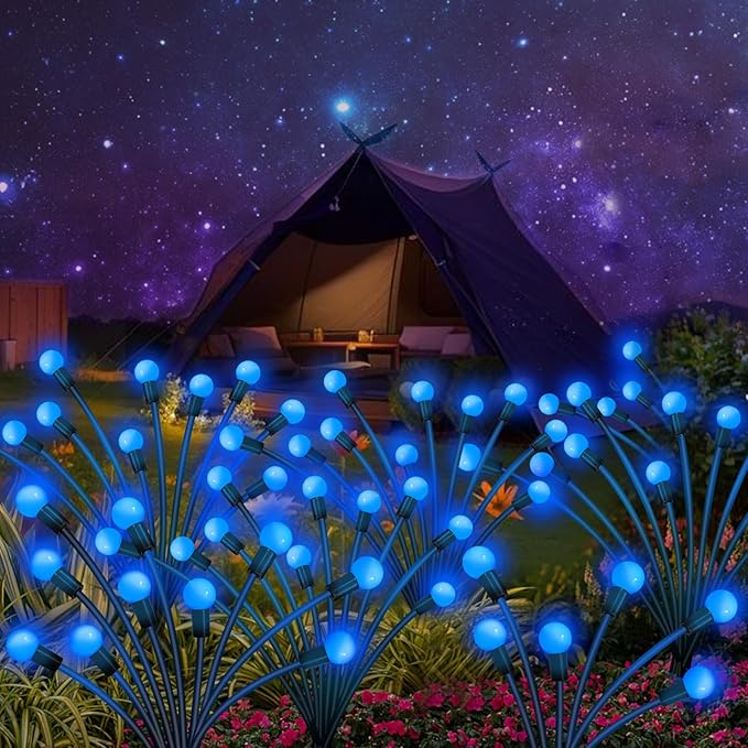 Kohlrabi Solar Garden Lights Outdoor, 6 Pack 48 LED Blue Firefly Lights Waterproof, Sway by Wind, Solar Wind Swaying Light for Yard Patio Backyard Garden Planter Flower Bed Pathway Decoration