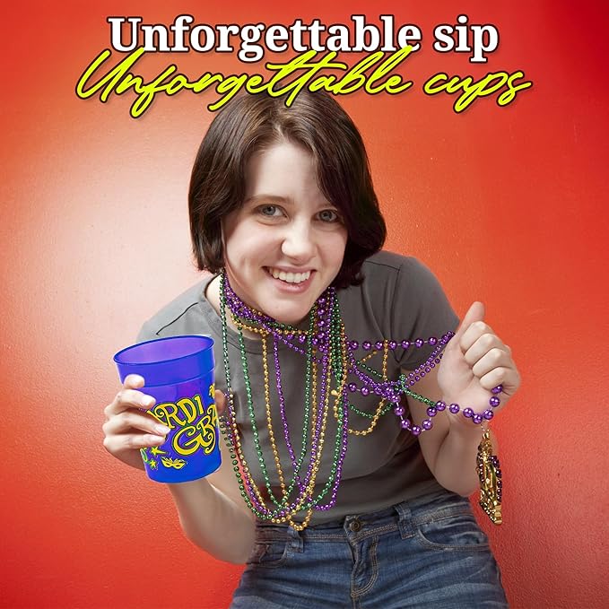 Fun Express Plastic Cups Reusable 12 Pack - Heavy Duty Mardi Gras Party Cups 11oz for Celebrations | Colorful Green Plastic Drinkware Set for Indoor & Outdoor Events | BPA-Free Bulk Party Essentials