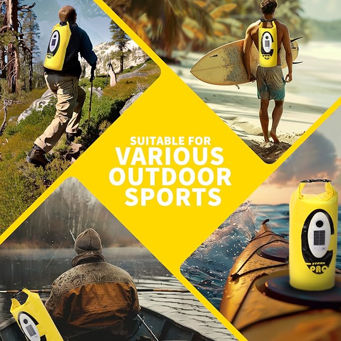 FELICON Solar/Battery Powered Multi-Functional Backpack with Bluetooth Speaker,IP66 Waterproof Dry Bag,Heavy Duty Roll Top Closure,Large Capacity Bag for Camping,Hiking,Traveling (Yellow 10L)