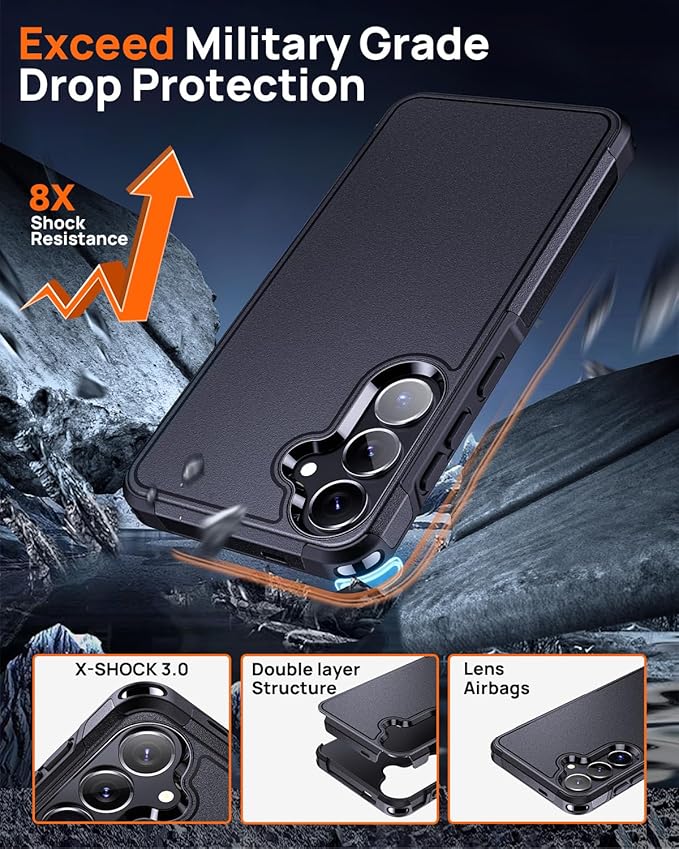 Lanhiem for Samsung Galaxy S25+ S24+ Plus Phone Case with Tempered Glass Screen Protector, Shock Absorption, Anti-Scratch Shockproof Case Cover for Samsung S25+ Plus S24 Plus, Black