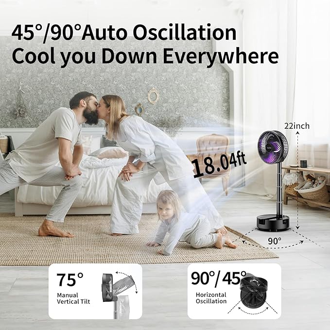 Socool 20000mAh 8 Inch Portable Fan Battery Operated Fans, Oscillating Charging Fan, Remote Control LED Light, 112 Hours Portable Foldable Fans for Camping Travel Outdoor