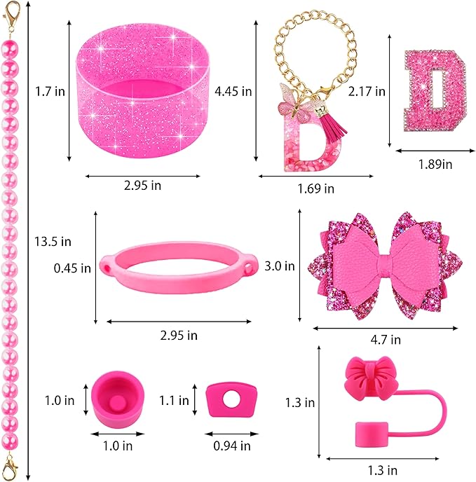 9PCS Hot Pink for Stanley Cup Accessories Set Bling Initials Bow Charms for Stanley Decorations 30/40 Oz Tumbler Accessories Including Bow Straw Topper, Handle Strap, Spill Stopper（Letter D）