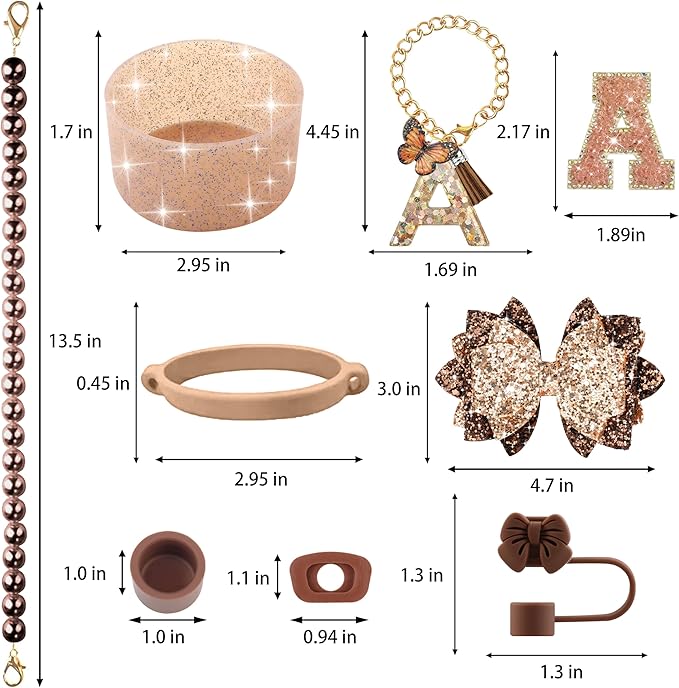 9PCS Brown for Stanley Cup Accessories Set Bling Initials Bow Charms for Stanley Decorations 30/40 Oz Tumbler Accessories Including Bow Straw Topper, Handle Strap, Spill Stopper（Letter A）