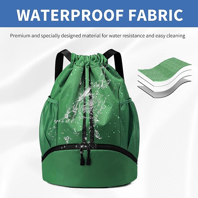 JELUTAR Drawstring Backpack Gym Bag with Shoes Compartment for Soccer, Basketball, Swim, Water-Resistant String Backpack Beach Cinch for Women Men, Dark Green