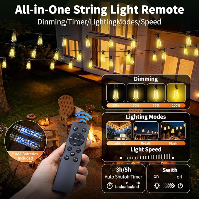 Solar Lights Outdoor Waterproof: ST38 82FT 25M Shatterproof Bulbs Patio Lights - Solar Powered & USB Charging- Remote Control 3 Light Modes Dimmable Solar Light - Camping Backyard Garden