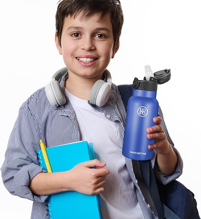Han's Bottle Kids Water Bottle with Straw Lid - Insulated Stainless Steel Reusable Tumbler for Girls,Boys,Thermo Mug,17oz,Navy Blue