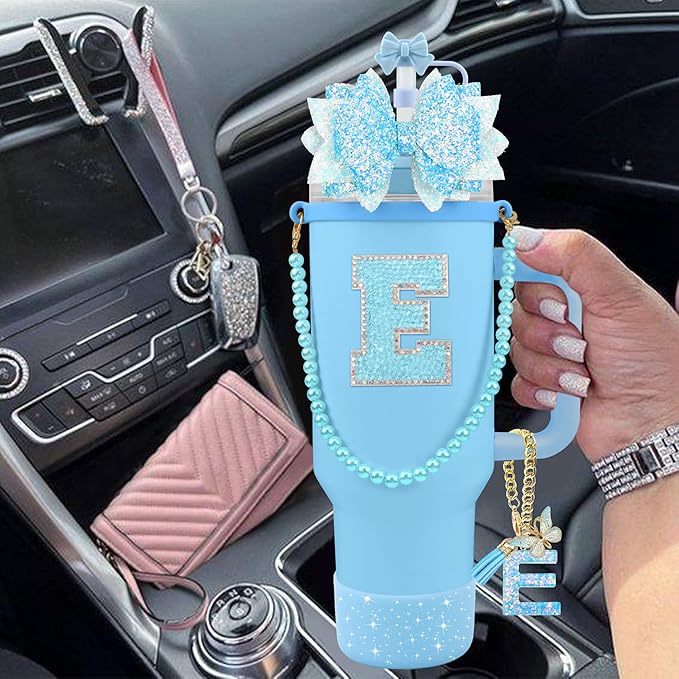 9PCS Blue for Stanley Cup Accessories Set Bling Initials Bow Charms for Stanley Decorations 30/40 Oz Tumbler Accessories Including Bow Straw Topper, Handle Strap, Spill Stopper（Letter E）
