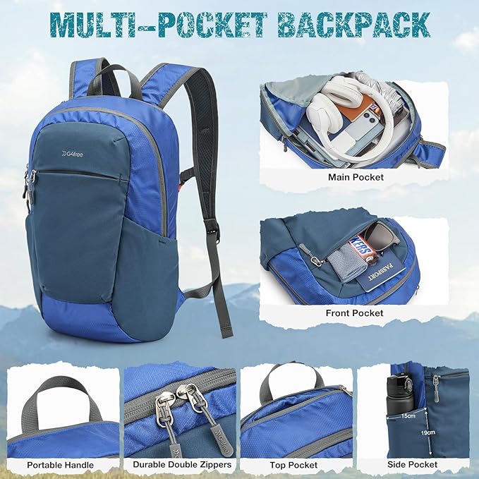 G4Free Small Hiking Backpack 20L Lightweight Foldable Packable Travel Daypack with Thickened Back Panel for Men Women (Blue)