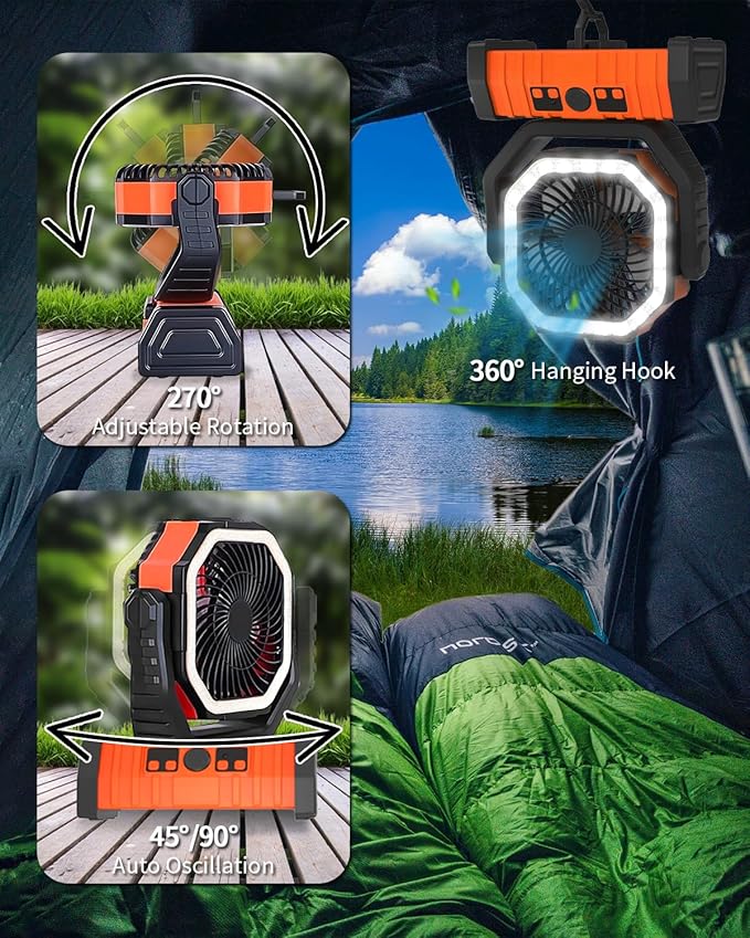 ADUST Camping Fan - 20000mAh Battery Powered Fan Battery Operated Rechargeable Portable Outdoor Tent Fans with Hanging Hook, Cordless, 4 Speeds, Remote Control - Orange