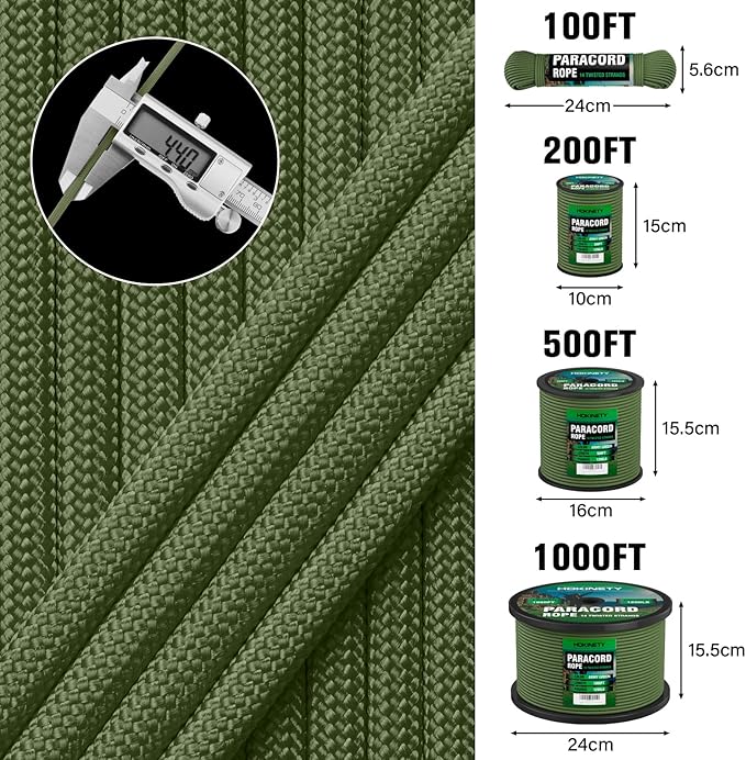 1200 Paracord Rope - 4.4mm 14 Strand Nylon Parachute Spool para Cord Lanyard for Outdoor Camping Survival Utility Tent Crafting DIY Projects Fishing Clothsline Bracelet - ArmyGreen 500FT