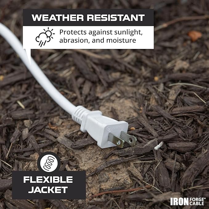 Iron Forge Cable 2 Prong Outdoor Extension Cord 10 ft, 16/2 SJTW 10 Foot White Extension Cord, Weatherproof - Great for Outdoor Lights, Deck, Patio