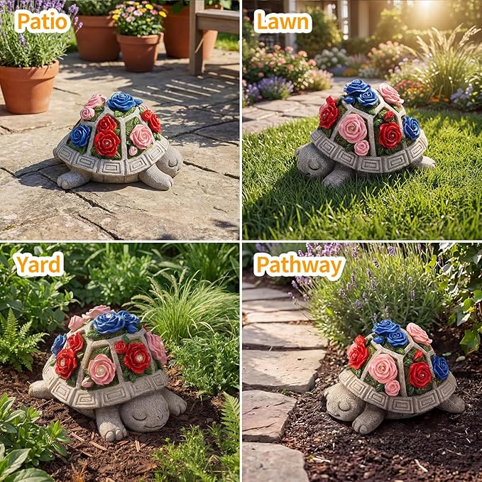 Solar Garden Decor Outdoor Turtle Statue with Multi-Color Rose Flowers & 7 LED Lights – Outside Tortoise Decoration for Lawn Yard Patio Backyard - Home House Art- Gift for Women Mom Grandma
