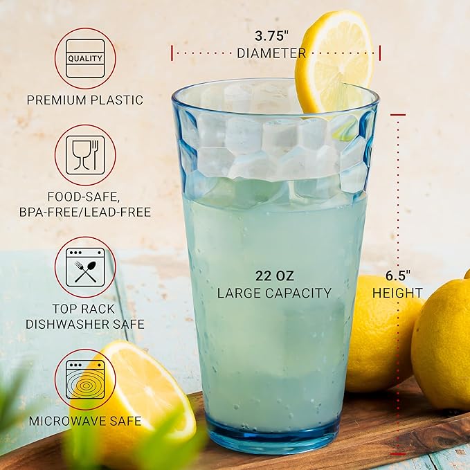 Bravario Hammered Plastic Drinking Tumbler, Dishwasher-Safe Premium Quality Water Glasses, BPA-Free Reusable Mixed Colors Assorted Stackable Cups, 22 oz Set of 6