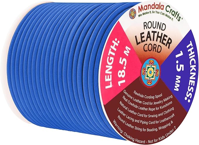 Mandala Crafts Round Genuine Blue Leather Cord for Jewelry Making – 1.5mm Cowhide Leather Rope String Lace for Kumihimo – 20 Yards Cowhide Craft Cording Spool