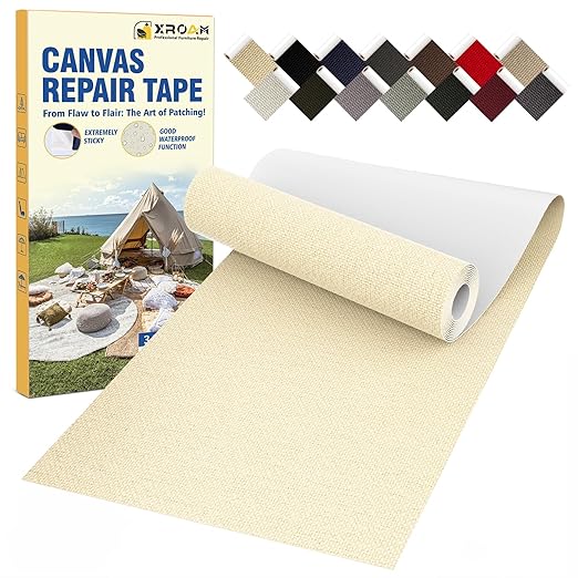 Canvas Repair Tape, 3.2 x 63 Inch Waterproof Heavy Duty Fabric Tape for Furniture, Self Adhesive Canvas Repair Patches for Boat Covers, Sofas, Tents, Louge Chairs, Canopy, Awning Beige