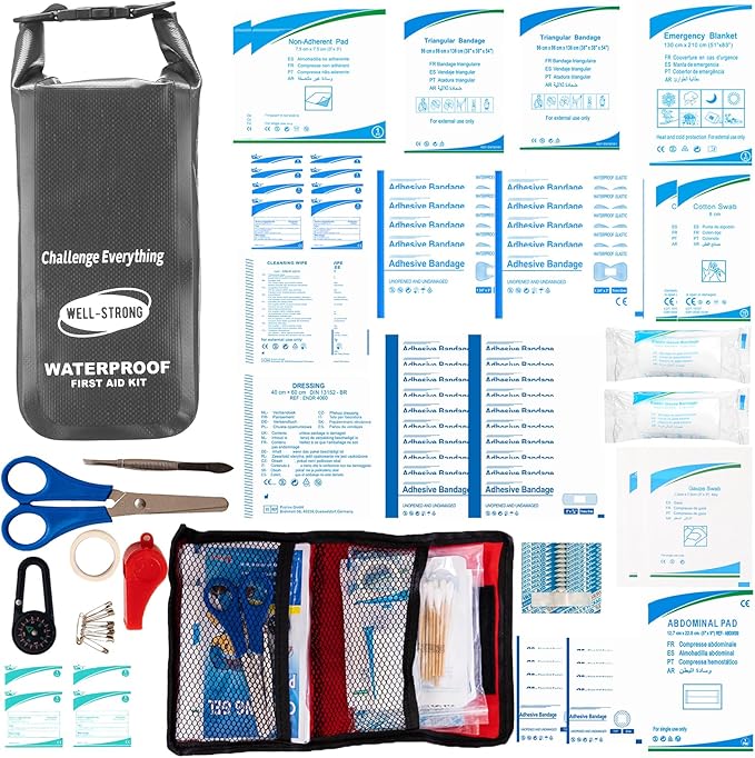 Boat First Aid Kit Waterproof, WELL-STRONG Marine Emergency Kit with Roll Top Dry Bag for Boating Fishing Kayaking – Water-Resistant Contents for Camping & Beach（Dark Grey）