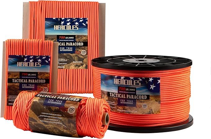 HERCULES 750lb Paracord 4mm 11 Strands Tactical Parachute Cord, 50' 100' 250' 1000' Utility Rope for Camping, Survival, Outdoor Gear (Neon Orange, 100FT)
