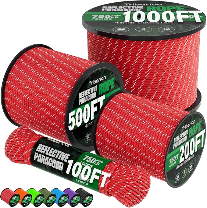 Reflective Paracord Rope 750 lb - 1000ft 5/32" Parachute Cord 4MM 12-Strand para Cord - Heavy Duty Spool String for Survival,Camping Gear, Survival Bracelet, Clothesline - Red