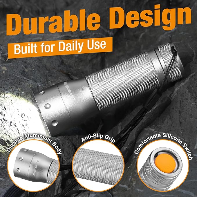 EverBrite Mini Flashlight, Zoomable LED Flash Light, 3 Modes, 3AAA Batteries Included, Handheld Small Flashlight for Camping, Emergency, Home, Grey