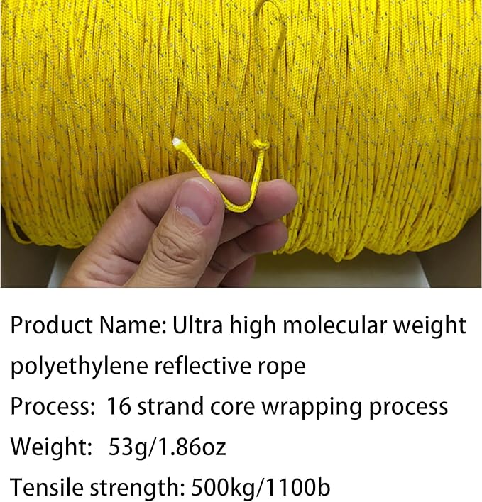 Dyneema Reflective Rope -2mm 400kg Fracture Strain - Suitable for Tents, Kite Surfing, and Other 65 feet (Yellow, 2mm)