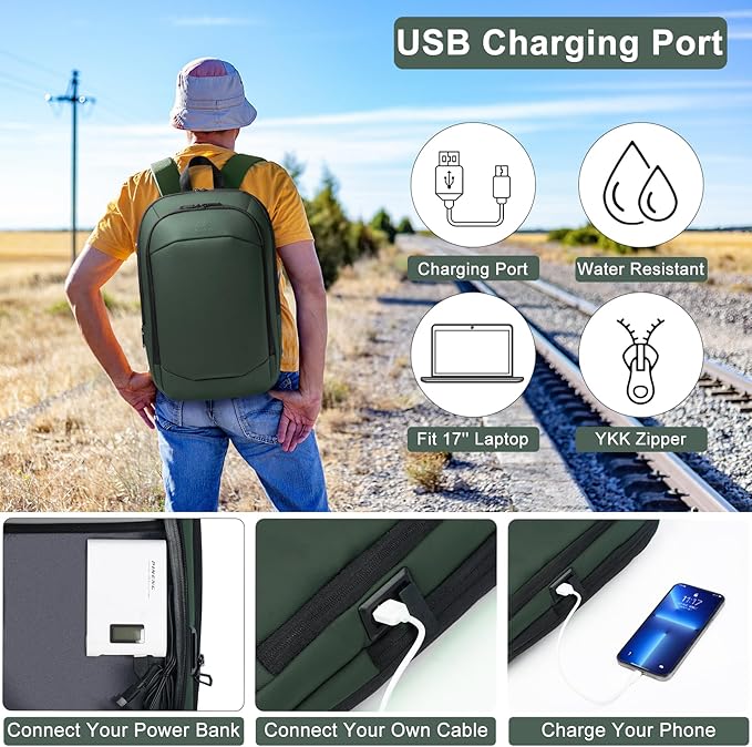 Business Backpack 17 Inch Slim Expandable Waterproof Travel Laptop Backpacks with USB Charger Port Anti-Theft Lightweight Large Work Computer Bag College Laptop Backpacks Gifts for Men Women, Green