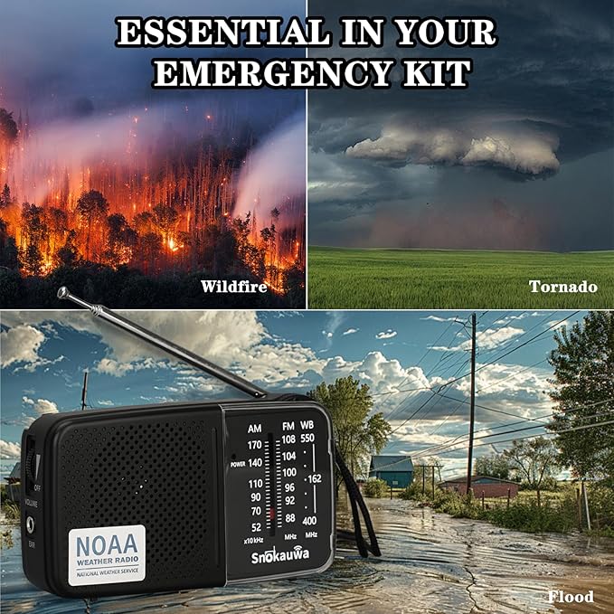 Portable AM FM Transistor Radio Battery Operated, NOAA Weather Radio with Loud Speaker, Headphone Jack, 2 AA Batteries, Excellent Reception, for Everyday Carry Essential, Travel, Storms