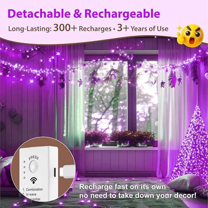 HXWEIYE Rechargeable Fairy Lights with Remote & DIY Timer, 33ft 100LED Battery Operated Twinkle String Lights, 8 Modes Decor Light for Bedroom Indoor Wedding Dorm Christmas Tree Party (Purple)
