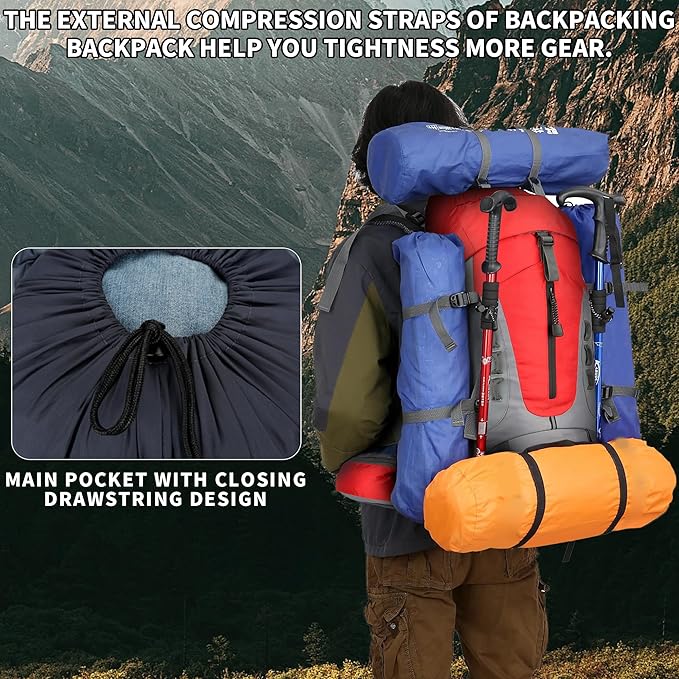 75L Hiking Backpack with Rain Cover Waterproof Camping Backpack Shoes Warehouse for Men Women, Frameless