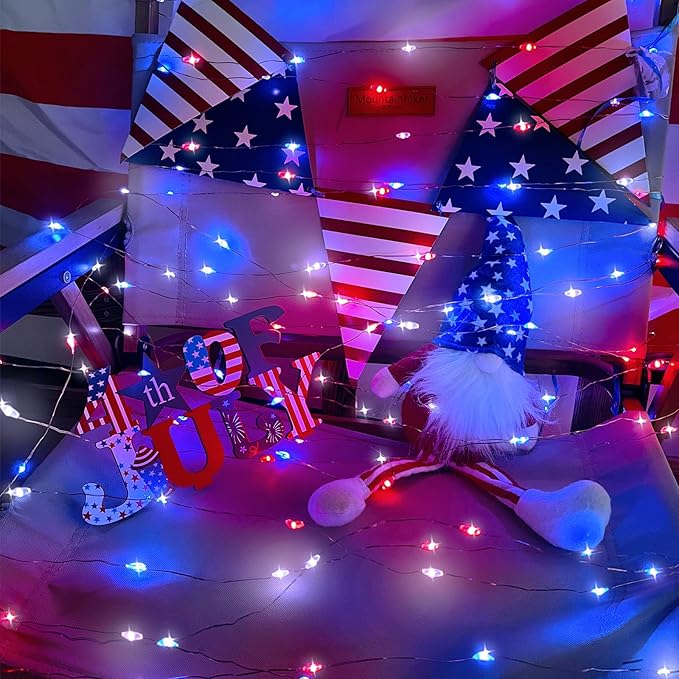 4th of July Decorations Solar String Lights 2Pack 400LED Independence Day Lights for Outside, Red White and Blue Solar Light Waterproof, Copper Wire 8 Modes Twinkle Light for Memorial Day National Day
