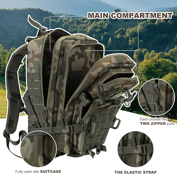 Hannibal Tactical MOLLE Assault Backpack, Tactical Backpack Military Army Camping Rucksack, 3-Day Pack Trip w/USA Flag Patch, D-Rings, Polish Camo