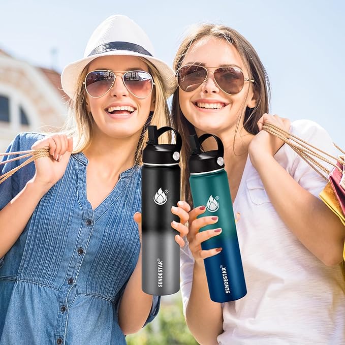 Insulated Water Bottle 32 oz with Straw, Stainless Steel Wide Mouth Water Bottle, Double Wall Vacuum Leak Proof with Straw Lid & Spout Lid for Sports or Office, Keep Cold or Hot Up to 24 Hrs