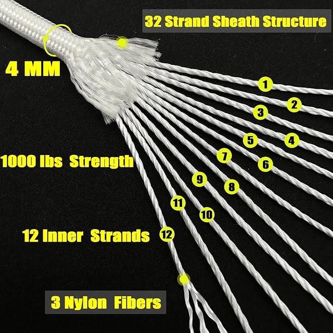 VVAAGG 1000 White Paracord Rope 100FT, 4mm Utility Parachute Cord 12 Strand Nylon Camping Rope, Tent Rope, Clothsline Rope