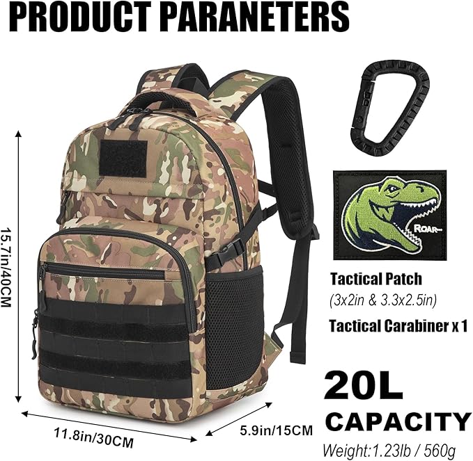 Kids Tactical Backpack Army Molle Bookbag Military Boys Backpack for School, Outdoor, Camping (Includes 2 Patches+1Carabiner), CM