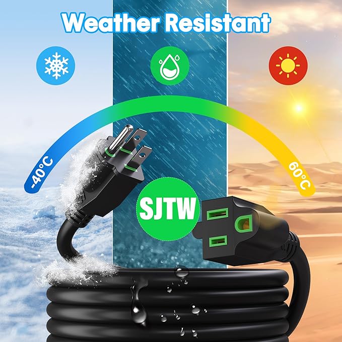 Adoreen Outdoor Power Extension Cord 15 Ft, 3 Prong 16 AWG Grounded Wire Heavy Duty Weatherproof Electric Cable for Indoor Christmas Light Lamp, 13A 125V 1625W, SJTW-ETL- Black with Green